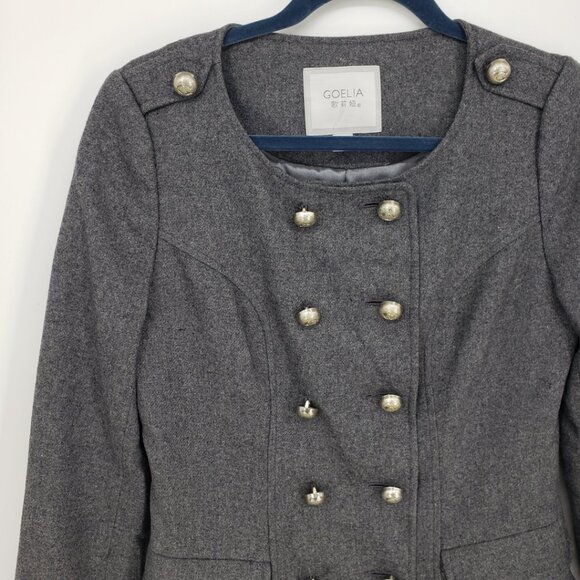 Goelia Double Breasted Coat M Tiered Ruffle Trim Collarless Charcoal Gray - Picture 4 of 7